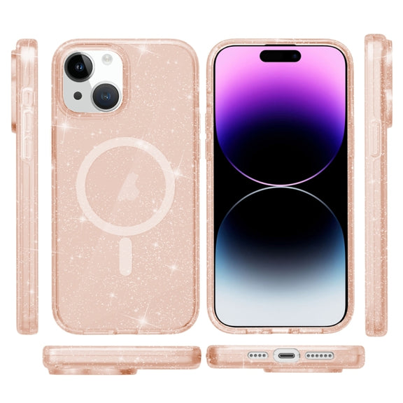 For iPhone 15 Plus Terminator Style Glitter Powder MagSafe Magnetic Phone Case(Gold)