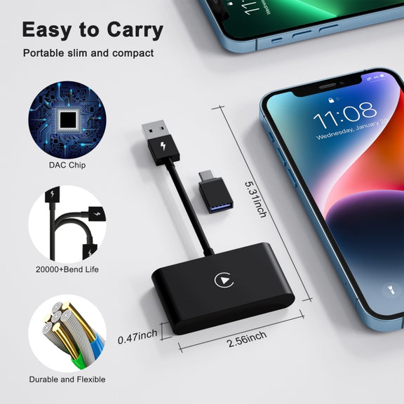 USB + USB-C / Type-C Wired to Wireless Carplay Adapter for iPhone(Black)