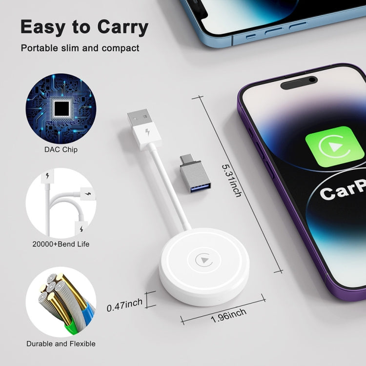 USB + USB-C / Type-C Wired to Wireless Carplay Adapter for iPhone(White)