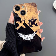For iPhone 14 Plus Painted Pattern Precise Hole PC Phone Case(Black Yellow Smiling)