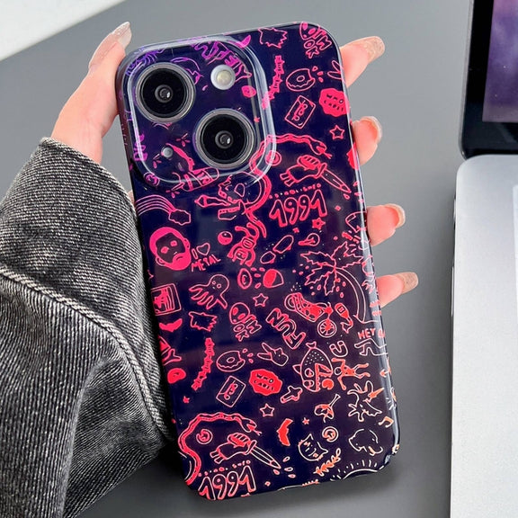 For iPhone 15 Painted Pattern Precise Hole PC Phone Case(Black Red Graffiti)