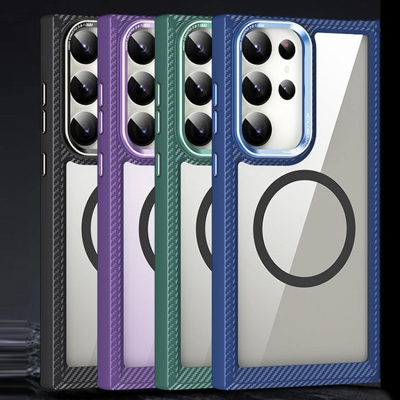 For Samsung Galaxy S23 Ultra 5G MagSafe Carbon Fiber Transparent Back Panel Phone Case(Purple)