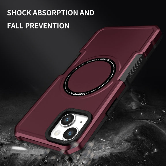 For iPhone 15 Shockproof Armor MagSafe Phone Case(Wine Red)