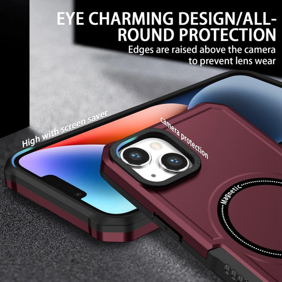 For iPhone 15 Shockproof Armor MagSafe Phone Case(Wine Red)