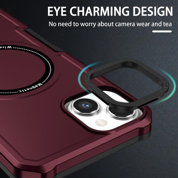 For iPhone 15 Shockproof Armor MagSafe Phone Case(Wine Red)