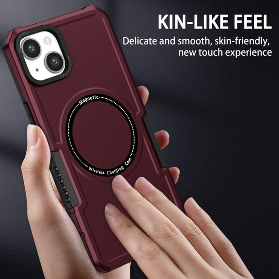For iPhone 15 Shockproof Armor MagSafe Phone Case(Wine Red)