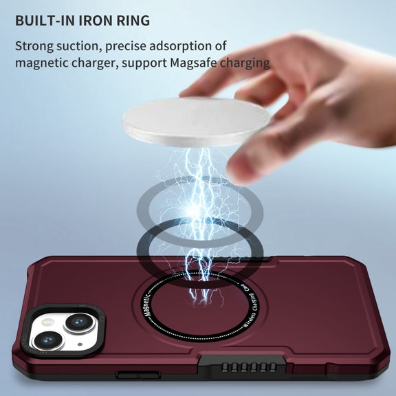 For iPhone 15 Shockproof Armor MagSafe Phone Case(Wine Red)