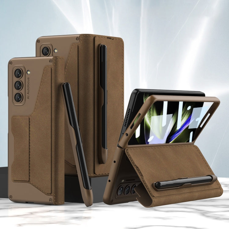 For Samsung Galaxy Z Fold5 5G GKK Screen Tempered Glass Film Armor Flip Leather Case with Pen Slot(Brown) - free shipping - PMC TechLife - Order now!