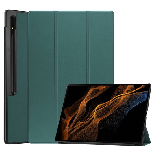 For Samsung Galaxy Tab S10 Ultra / S9 Ultra Custer Pure Color 3-Fold Holder Smart Leather Tablet Case(Dark Green) - free shipping - PMC Jewellery - Order now!