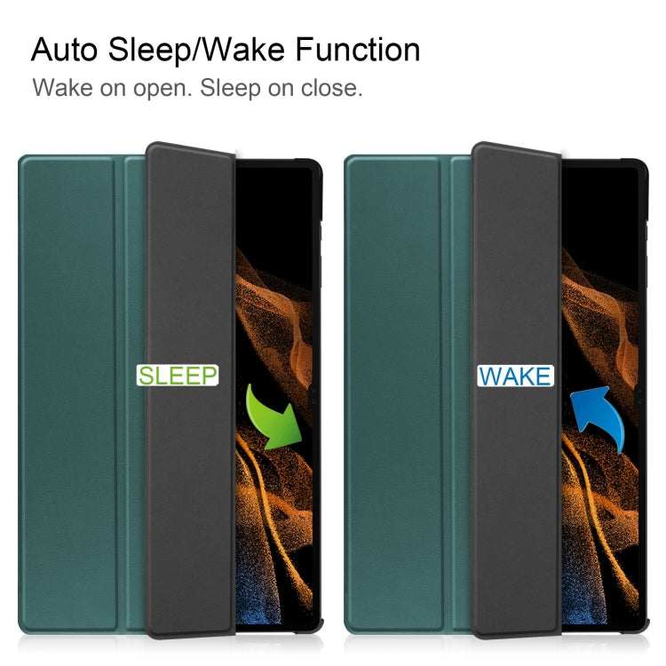 For Samsung Galaxy Tab S10 Ultra / S9 Ultra Custer Pure Color 3-Fold Holder Smart Leather Tablet Case(Dark Green) - free shipping - PMC Jewellery - Order now!