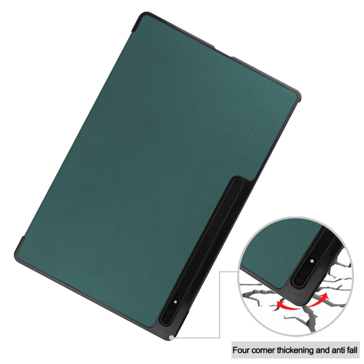 For Samsung Galaxy Tab S10 Ultra / S9 Ultra Custer Pure Color 3-Fold Holder Smart Leather Tablet Case(Dark Green) - free shipping - PMC Jewellery - Order now!