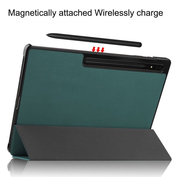 For Samsung Galaxy Tab S10 Ultra / S9 Ultra Custer Pure Color 3-Fold Holder Smart Leather Tablet Case(Dark Green)