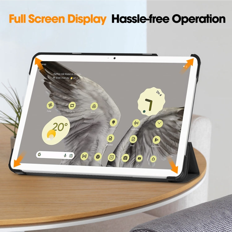 For Google Pixel Tablet Custer Pure Color 3-Fold Holder Smart Leather Tablet Case(Black)
