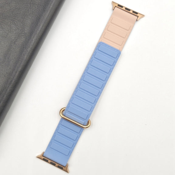 For Apple Watch 9 41mm Reverse Buckle Magnetic Silicone Watch Band(Rose Buckle Blue Pink)