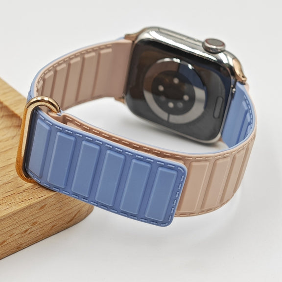 For Apple Watch 9 41mm Reverse Buckle Magnetic Silicone Watch Band(Rose Buckle Blue Pink)
