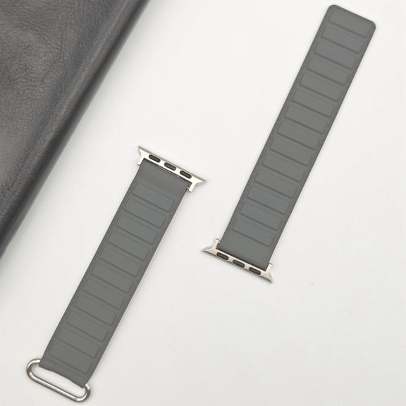 For Apple Watch 9 45mm Reverse Buckle Magnetic Silicone Watch Band(Silver Buckle Grey Brown)