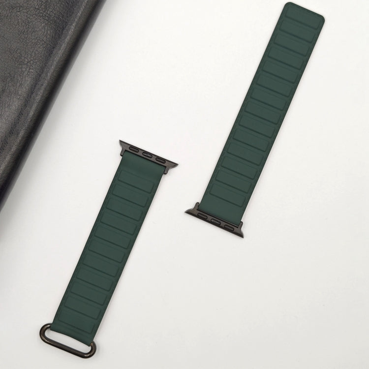 For Apple Watch 9 45mm Reverse Buckle Magnetic Silicone Watch Band(Black Buckle Green Brown)