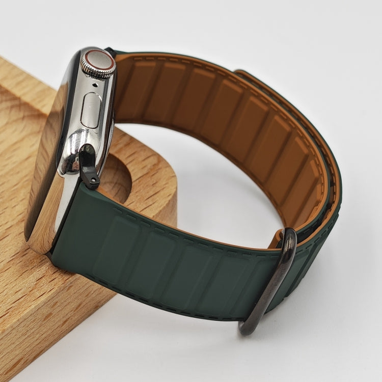 For Apple Watch 9 45mm Reverse Buckle Magnetic Silicone Watch Band(Black Buckle Green Brown)