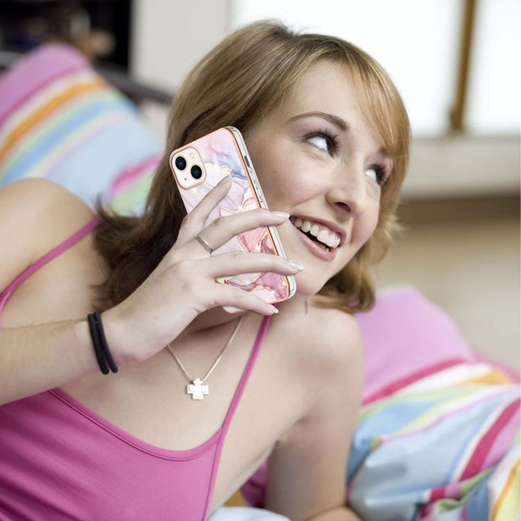 Electroplating Marble Pattern Dual-side IMD TPU Shockproof Phone Case For iPhone 15(Rose Gold 005)