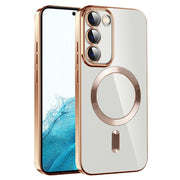 For Samsung Galaxy S22 5G CD Texture Plating TPU MagSafe Phone Case with Lens Film(Brown)