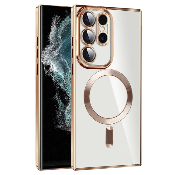 For Samsung Galaxy S22 Ultra 5G CD Texture Plating TPU MagSafe Phone Case with Lens Film(Brown)