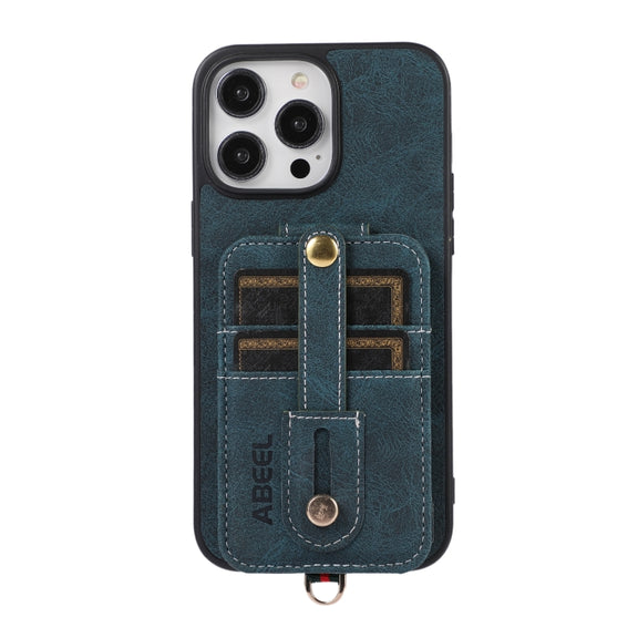 For iPhone 15 Pro ABEEL Litchi Texture Card Bag PU Phone Case(Blue)
