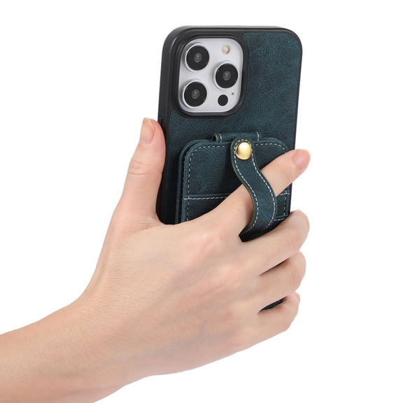 For iPhone 15 Pro ABEEL Litchi Texture Card Bag PU Phone Case(Blue)