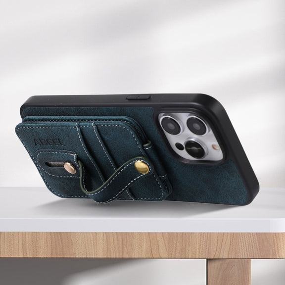 For iPhone 15 Pro ABEEL Litchi Texture Card Bag PU Phone Case(Blue)