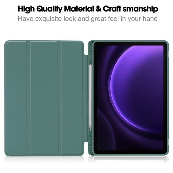 For Samsung Galaxy Tab S9 FE / S10 FE 3-Fold Pure Color TPU Smart Leather Tablet Case with Pen Slot(Dark Green)