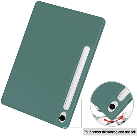 For Samsung Galaxy Tab S9 FE / S10 FE 3-Fold Pure Color TPU Smart Leather Tablet Case with Pen Slot(Dark Green)