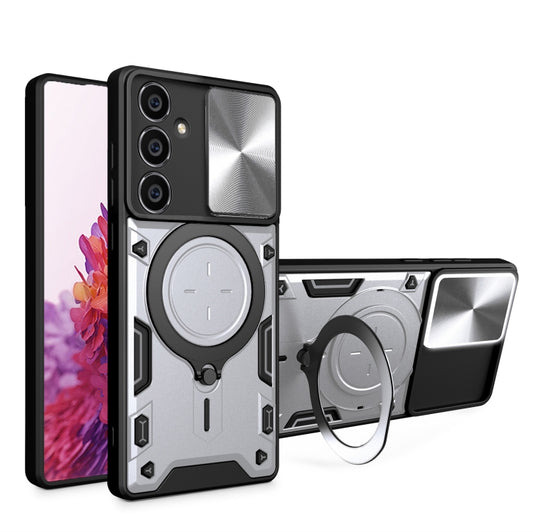 For Samsung Galaxy S23 FE 5G CD Texture Sliding Camshield Magnetic Holder Phone Case(Silver) - free shipping - PMC Jewellery - Order now!