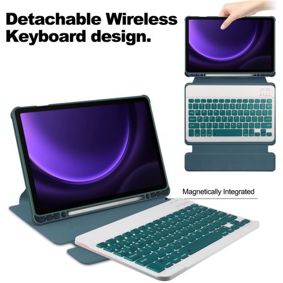 For Samsung Galaxy Tab S9 FE / S10 FE 360 Rotation Transparent Smart Leather Case with Keyboard(Dark Green)