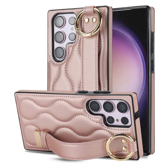 For Samsung Galaxy S23 Ultra Non-slip Full Coverage Ring PU Phone Case with Wristband(Rose Gold) - free shipping - PMC Jewellery - Order now!