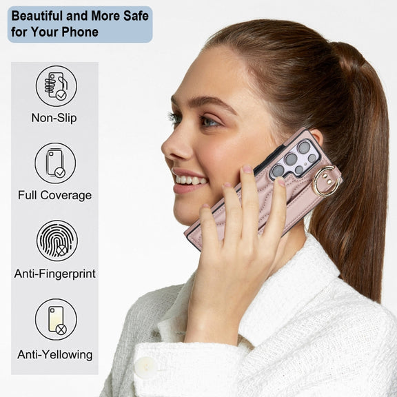 For Samsung Galaxy S23 Ultra Non-slip Full Coverage Ring PU Phone Case with Wristband(Rose Gold)