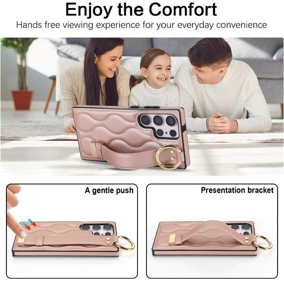 For Samsung Galaxy S23 Ultra Non-slip Full Coverage Ring PU Phone Case with Wristband(Rose Gold)