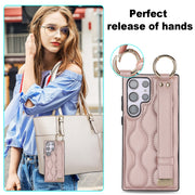 For Samsung Galaxy S23 Ultra Non-slip Full Coverage Ring PU Phone Case with Wristband(Rose Gold)