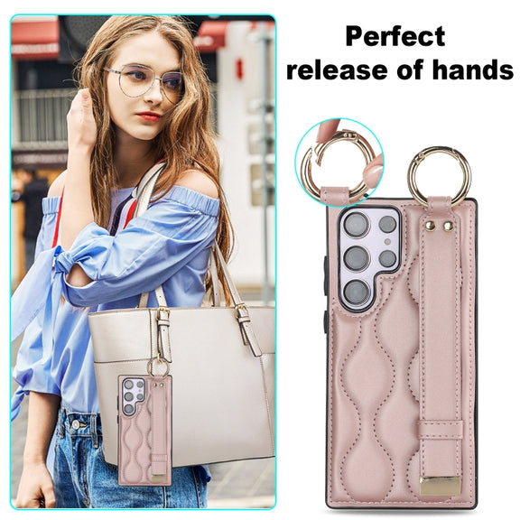 For Samsung Galaxy S23 Ultra Non-slip Full Coverage Ring PU Phone Case with Wristband(Rose Gold)