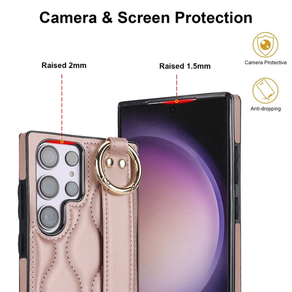 For Samsung Galaxy S23 Ultra Non-slip Full Coverage Ring PU Phone Case with Wristband(Rose Gold)