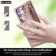 For Samsung Galaxy S23 Ultra Non-slip Full Coverage Ring PU Phone Case with Wristband(Rose Gold)