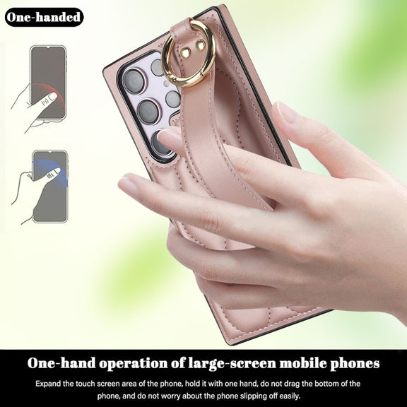 For Samsung Galaxy S23 Ultra Non-slip Full Coverage Ring PU Phone Case with Wristband(Rose Gold)