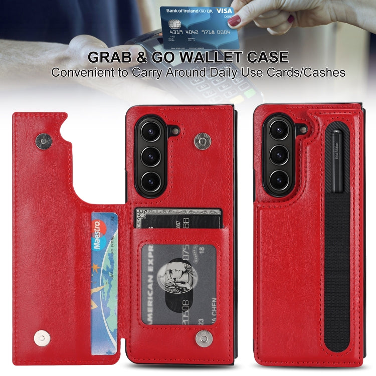 For Samsung Galaxy Z Fold5 Full Coverage Fold Double Buckle PU Phone Case with Pen Slots(Red) - Galaxy Z Fold5 Cases by PMC TechLife | Online Shopping South Africa | PMC TechLife | Buy Now Pay Later Mobicred