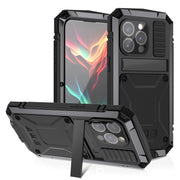 For iPhone 15 Pro Max R-JUST Shockproof Life Water-resistant Dust-proof Metal + Silicone Phone Case with Holder(Black)