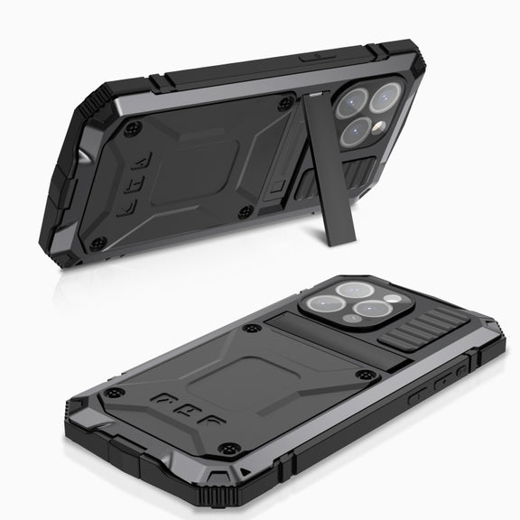 For iPhone 15 Pro Max R-JUST Shockproof Life Water-resistant Dust-proof Metal + Silicone Phone Case with Holder(Black)