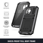 For iPhone 15 Pro Max R-JUST Shockproof Life Water-resistant Dust-proof Metal + Silicone Phone Case with Holder(Black)
