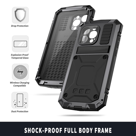 For iPhone 15 Pro Max R-JUST Shockproof Life Water-resistant Dust-proof Metal + Silicone Phone Case with Holder(Black)