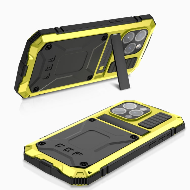 For iPhone 15 Pro Max R-JUST Shockproof Life Water-resistant Dust-proof Metal + Silicone Phone Case with Holder(Yellow)