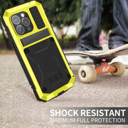 For iPhone 15 Pro Max R-JUST Shockproof Life Water-resistant Dust-proof Metal + Silicone Phone Case with Holder(Yellow)