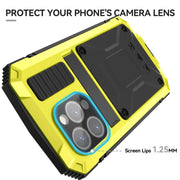For iPhone 15 Pro Max R-JUST Shockproof Life Water-resistant Dust-proof Metal + Silicone Phone Case with Holder(Yellow)