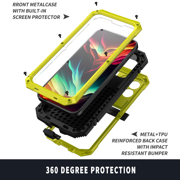 For iPhone 15 Pro Max R-JUST Shockproof Life Water-resistant Dust-proof Metal + Silicone Phone Case with Holder(Yellow)