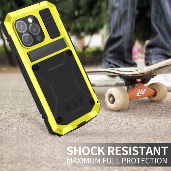 For iPhone 15 Pro R-JUST Shockproof Life Water-resistant Dust-proof Metal + Silicone Phone Case with Holder(Yellow)
